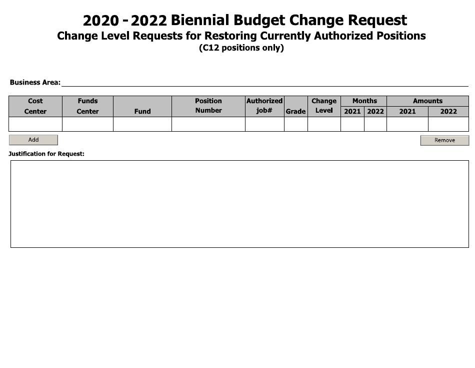 Biennial Budget Change Request Form - Change Level Requests for Restoring Currently Authorized Positions - Arkansas, Page 1
