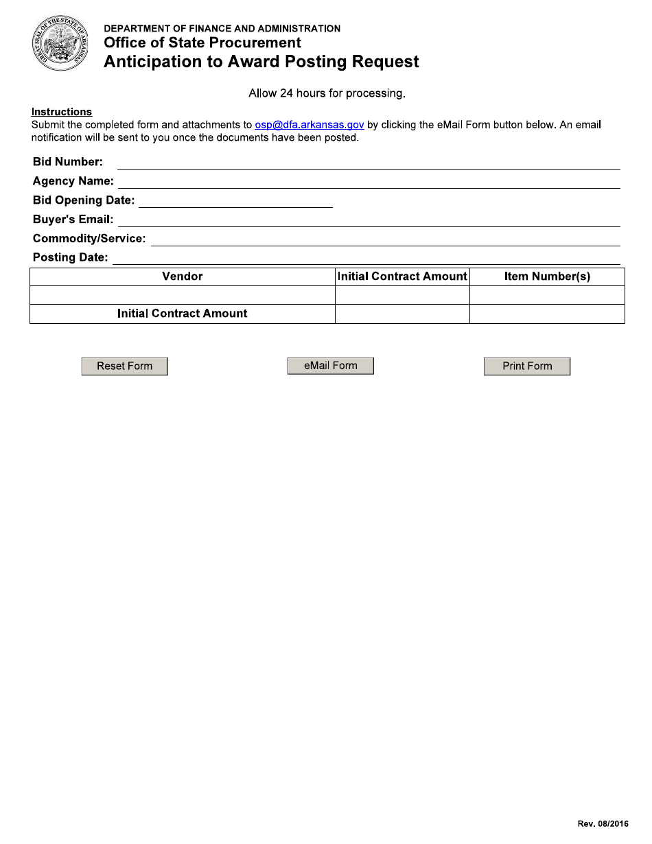 Anticipation to Award Posting Request Form - Arkansas, Page 1
