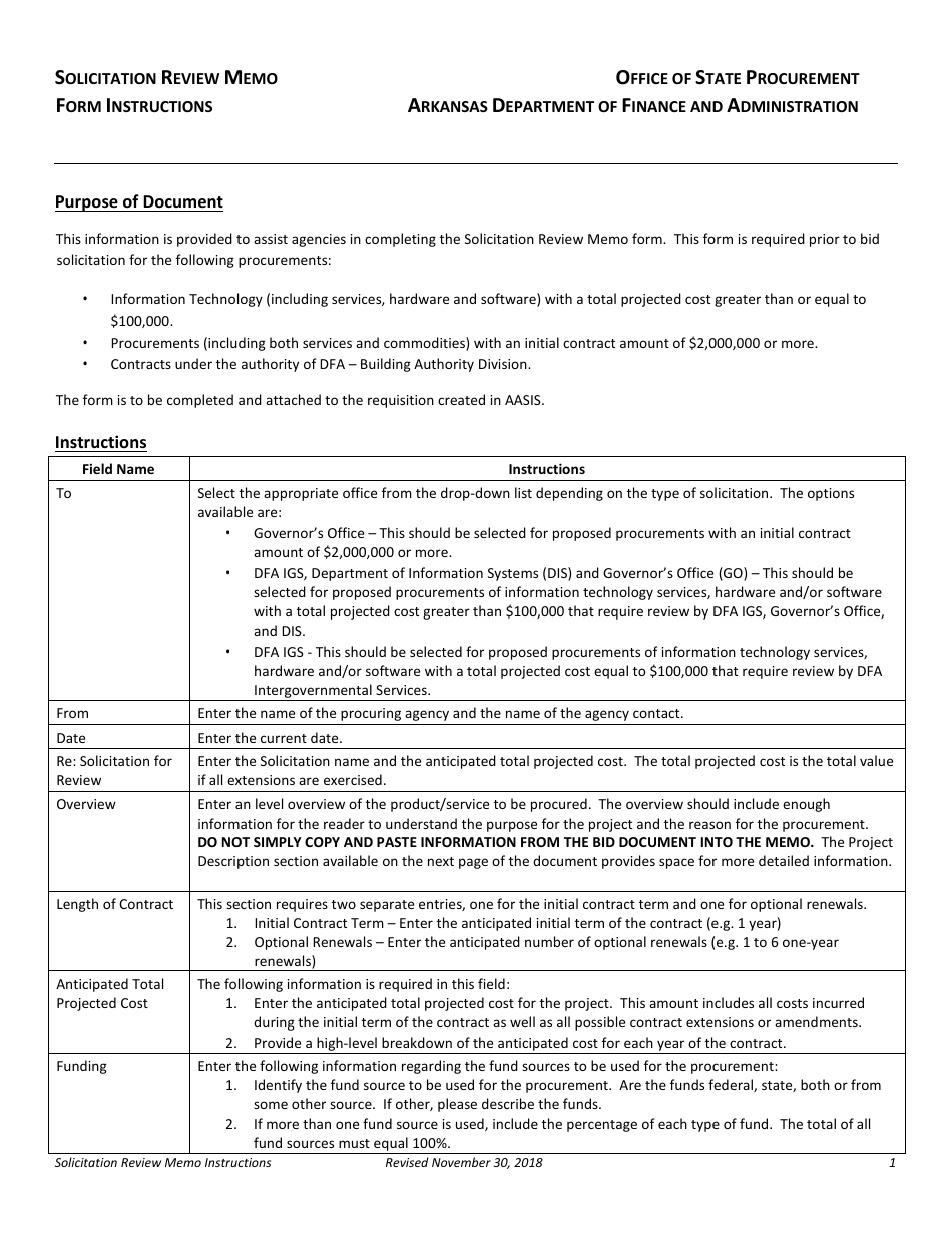 Instructions for Solicitation Review Memo Form - Arkansas, Page 1