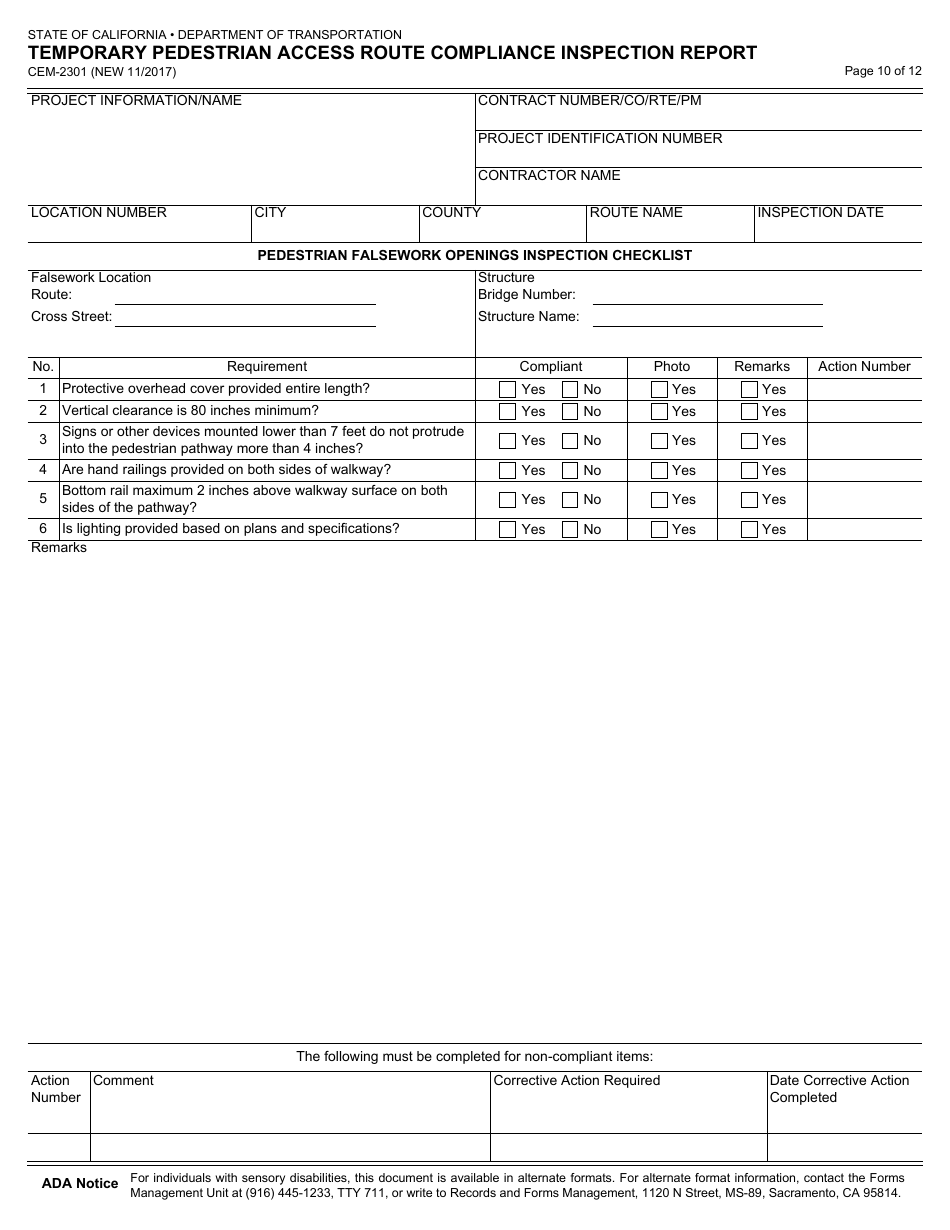 Form CEM-2301 Temporary Pedestrian Access Route Compliance Inspection Report - California, Page 10