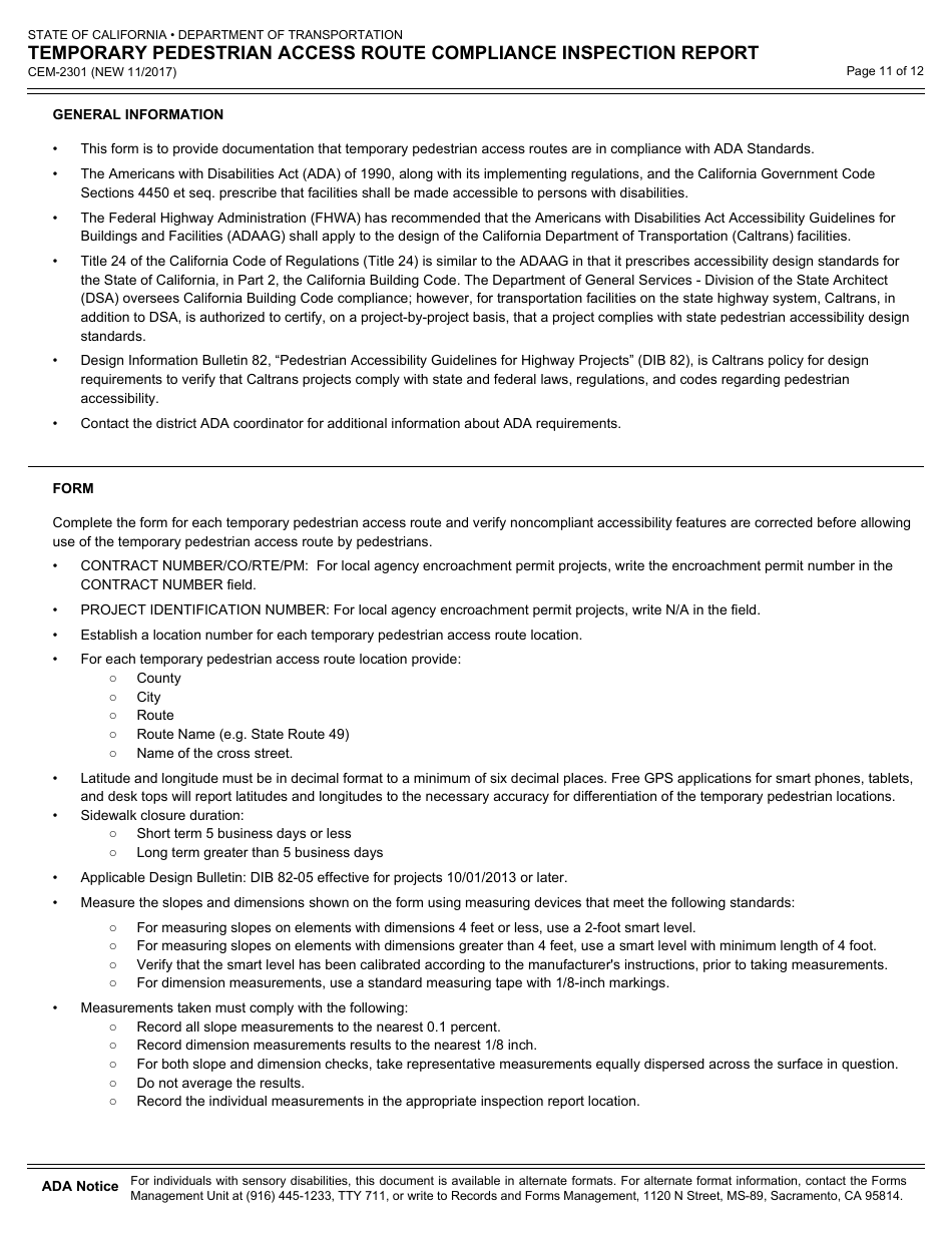Form CEM-2301 Temporary Pedestrian Access Route Compliance Inspection Report - California, Page 11