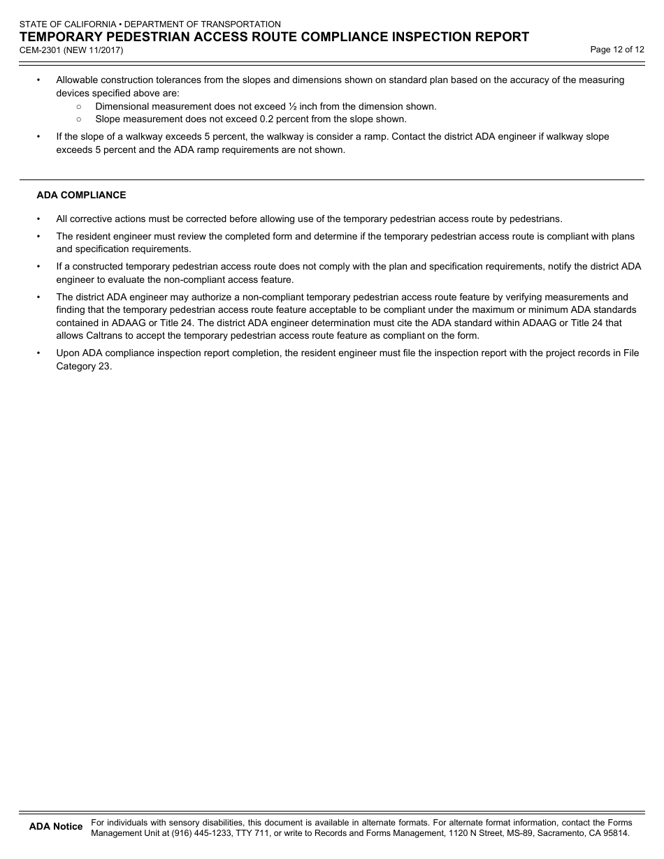 Form CEM-2301 Temporary Pedestrian Access Route Compliance Inspection Report - California, Page 12