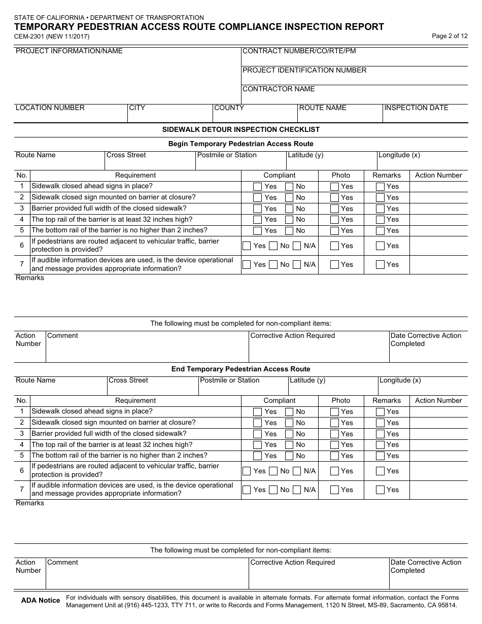 Form CEM-2301 Temporary Pedestrian Access Route Compliance Inspection Report - California, Page 2