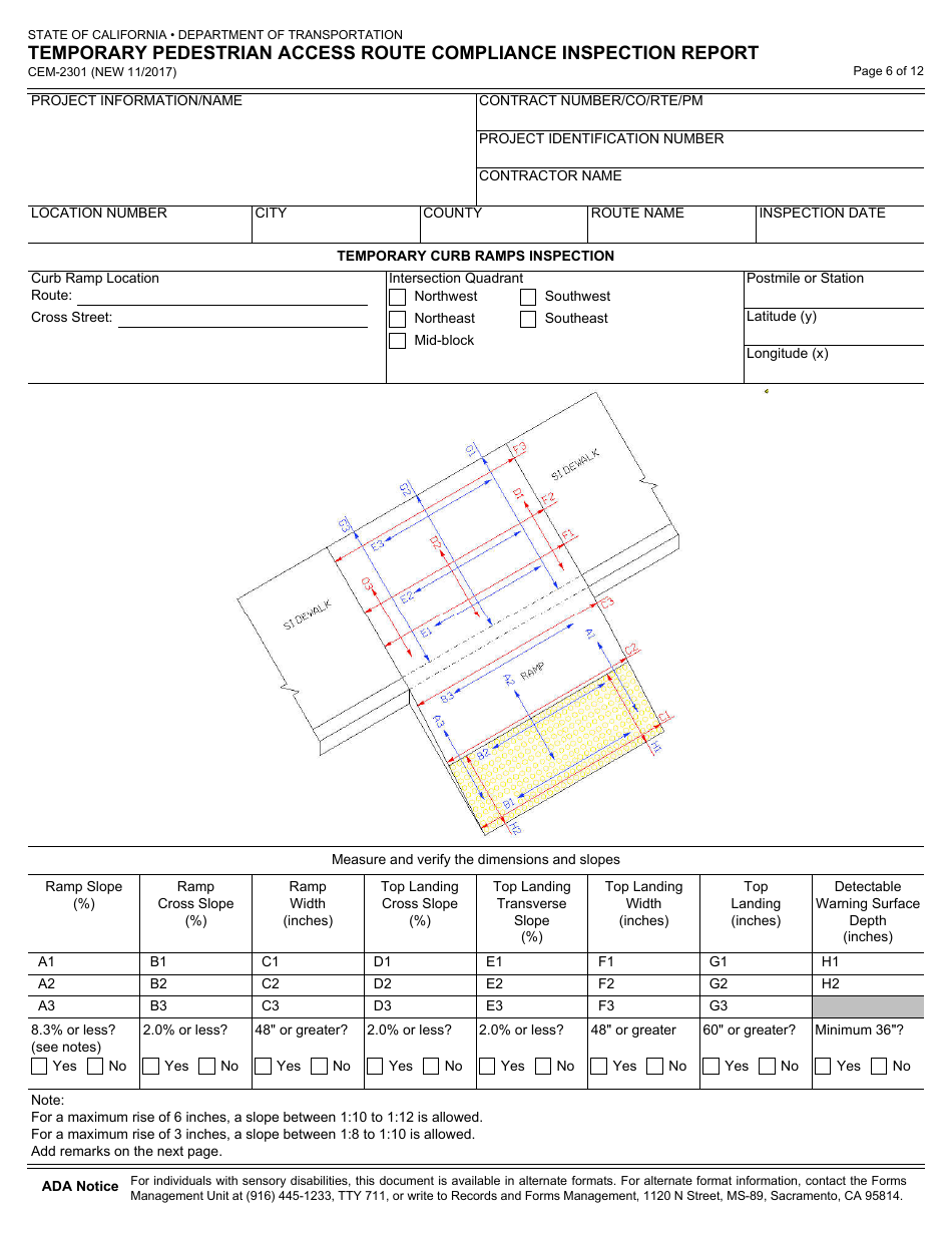 Form CEM-2301 Temporary Pedestrian Access Route Compliance Inspection Report - California, Page 6