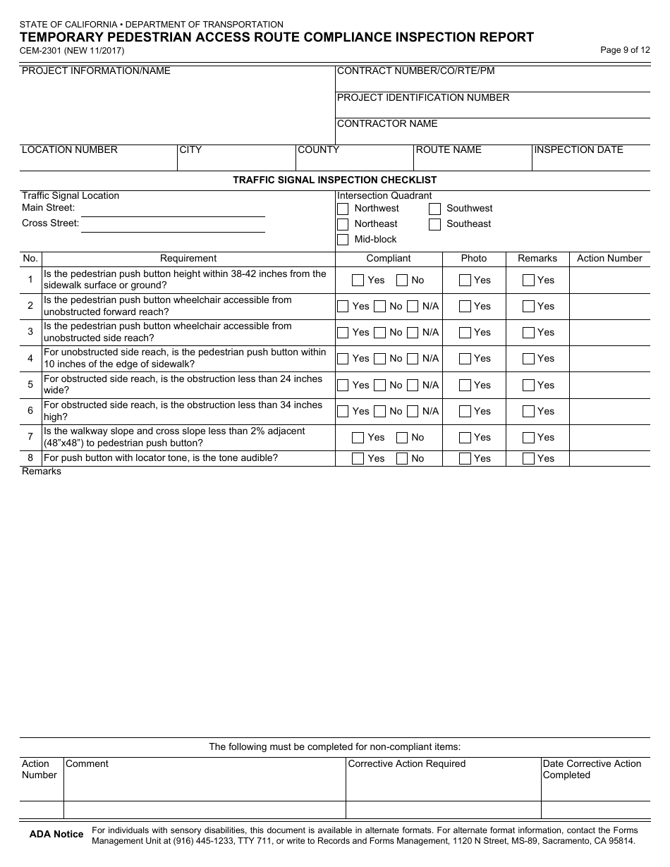 Form CEM-2301 Temporary Pedestrian Access Route Compliance Inspection Report - California, Page 9