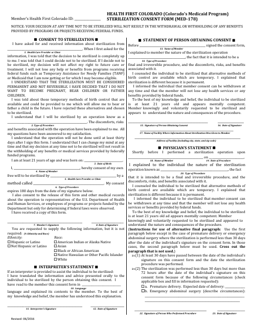 Form MED-178 Sterilization Consent Form - Health First Colorado (Colorado's Medicaid Program) - Colorado