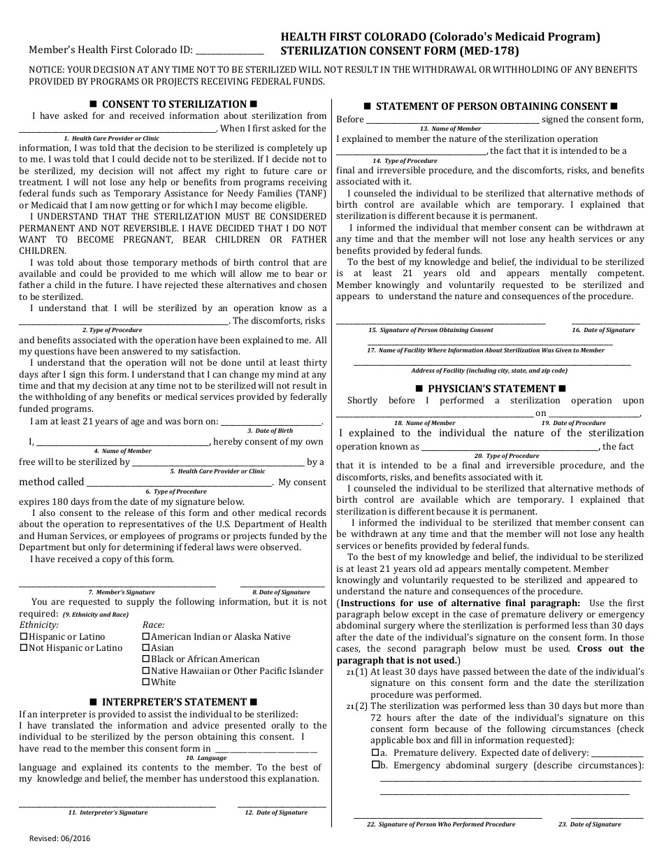 Form MED-178 Sterilization Consent Form - Health First Colorado (Colorados Medicaid Program) - Colorado, Page 1