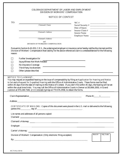 Form WC74 Notice of Contest - Colorado