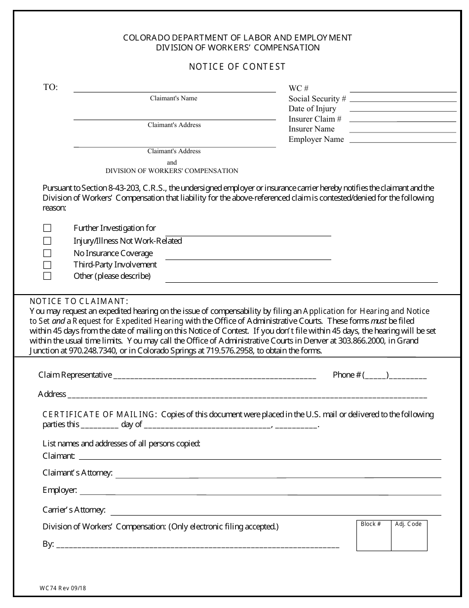 Form WC74 Notice of Contest - Colorado, Page 1