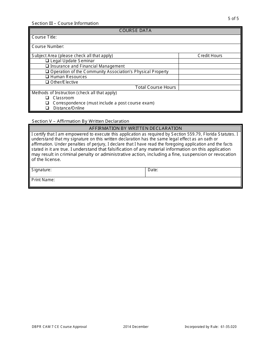 Application for Continuing Education Course Approval or Renewal - Florida, Page 5