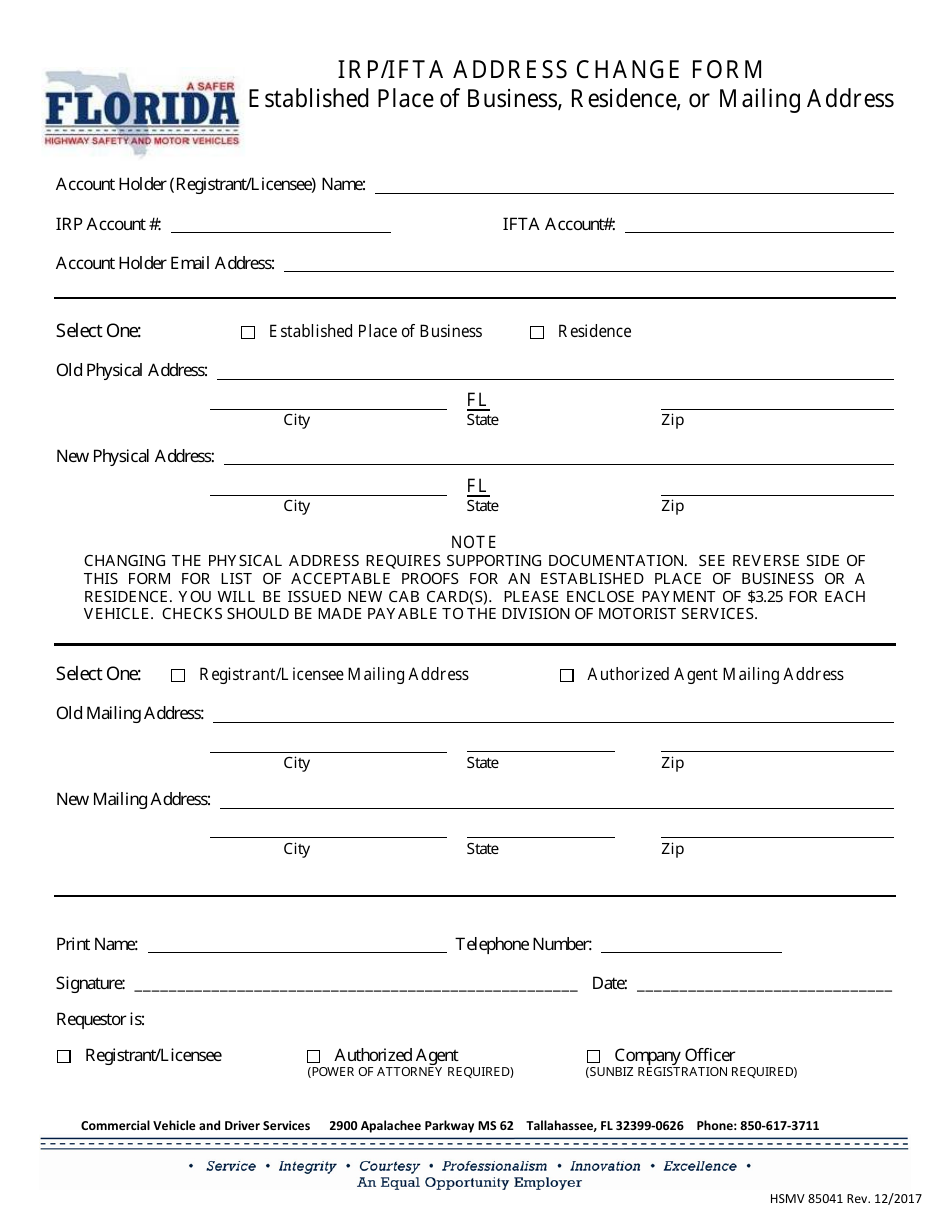 Form HSMV85041 Irp / Ifta Address Change Form - Florida, Page 1