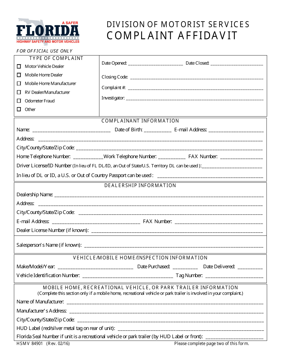 Form HSMV84901 Complaint Affidavit - Florida, Page 1