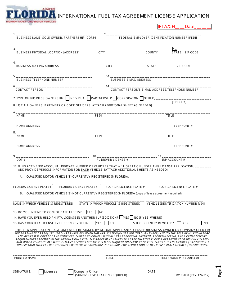 Form HSMV85008 International Fuel Tax Agreement License Application - Florida, Page 1