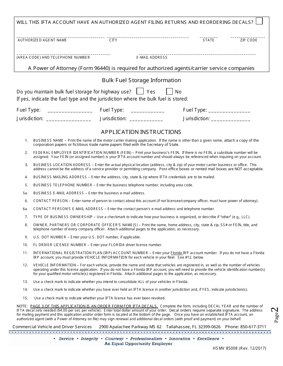 Form HSMV85008 International Fuel Tax Agreement License Application - Florida, Page 2