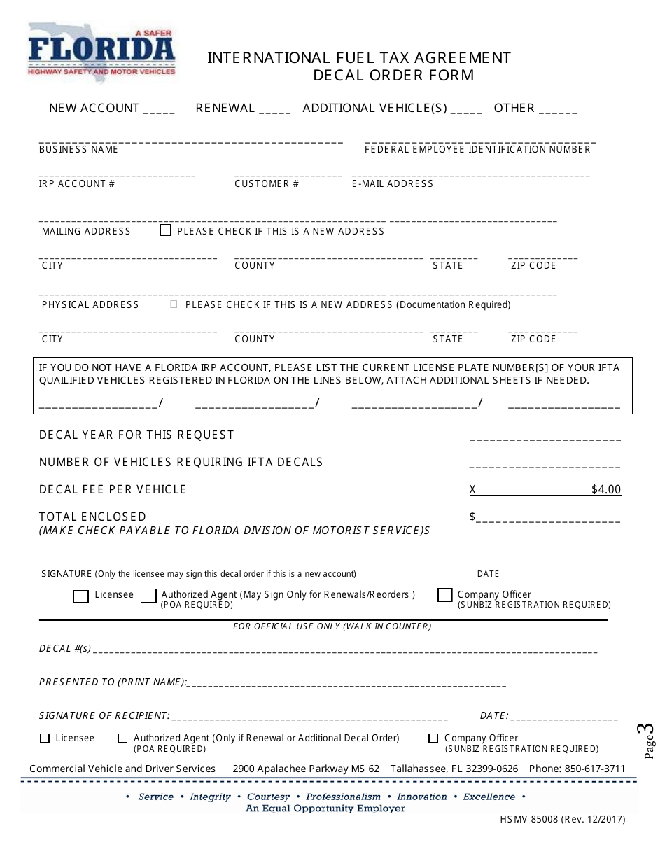 Form HSMV85008 International Fuel Tax Agreement License Application - Florida, Page 3