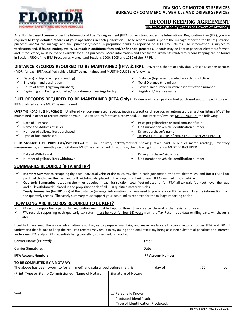 Form HSMV85017 Record Keeping Agreement - Florida, Page 1
