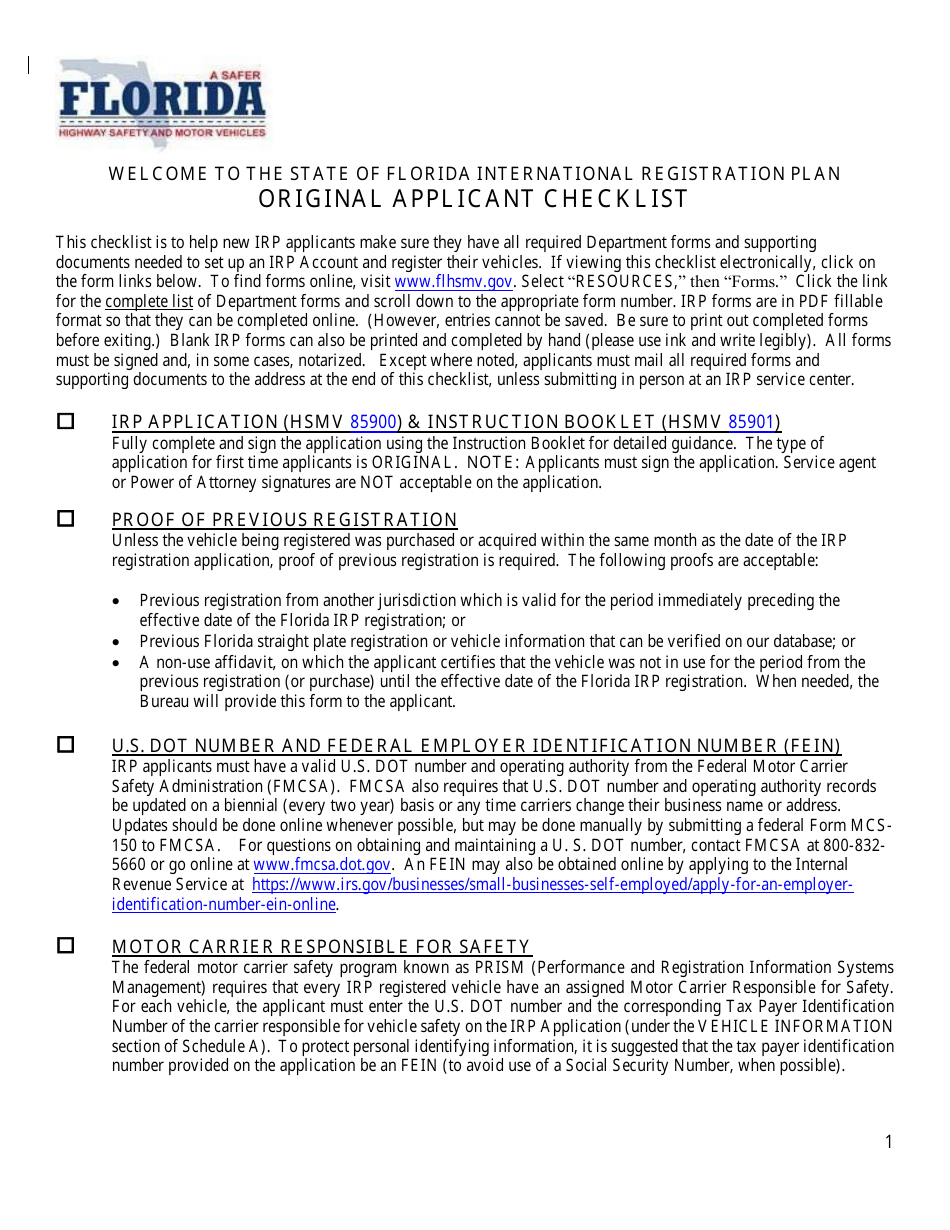 Form HSMV85103 Original Applicant Checklist - International Registration Plan - Florida, Page 1