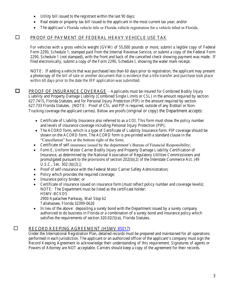 Form HSMV85103 Original Applicant Checklist - International Registration Plan - Florida, Page 3