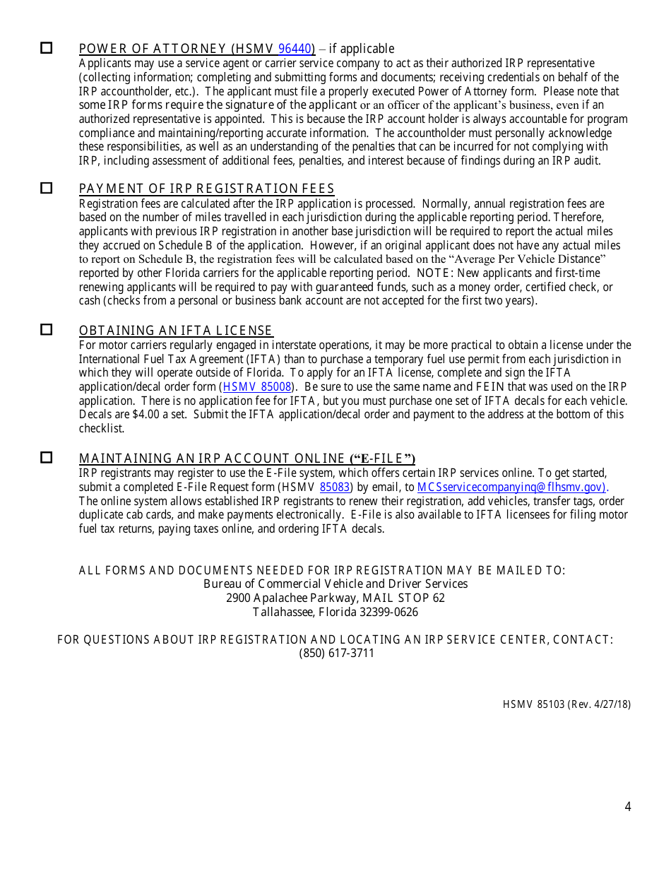 Form HSMV85103 Original Applicant Checklist - International Registration Plan - Florida, Page 4