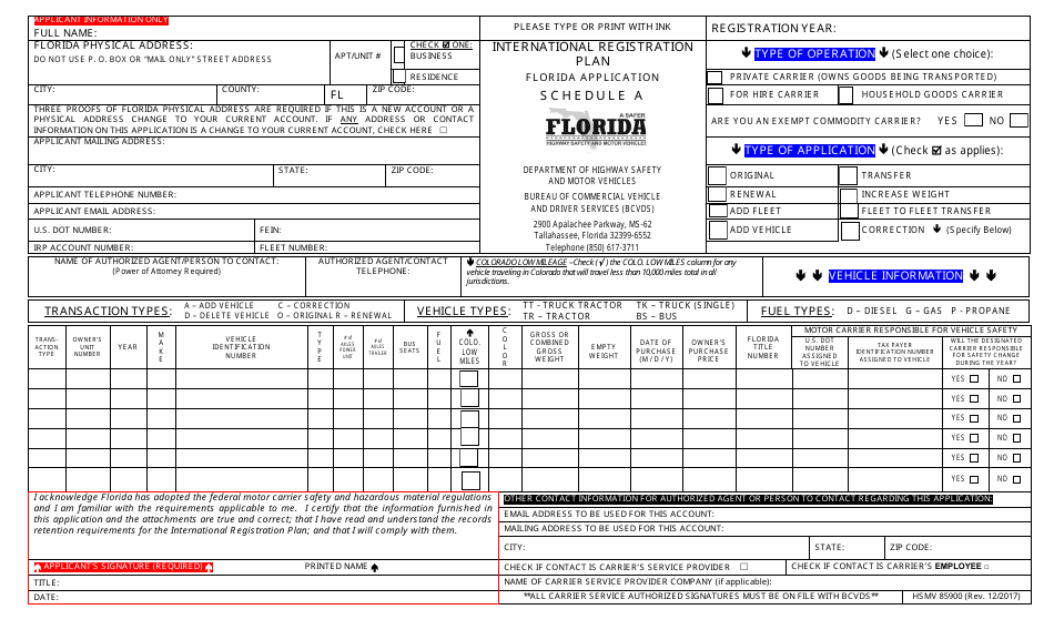 Form HSMV85900 Florida Application - International Registration Plan - Florida, Page 1