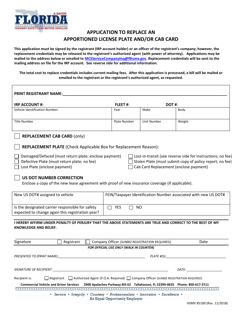 Form HSMV85100 Application to Replace an Apportioned License Plate and / or Cab Card - Florida, Page 1
