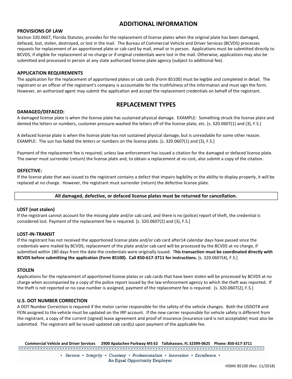 Form HSMV85100 Application to Replace an Apportioned License Plate and / or Cab Card - Florida, Page 2