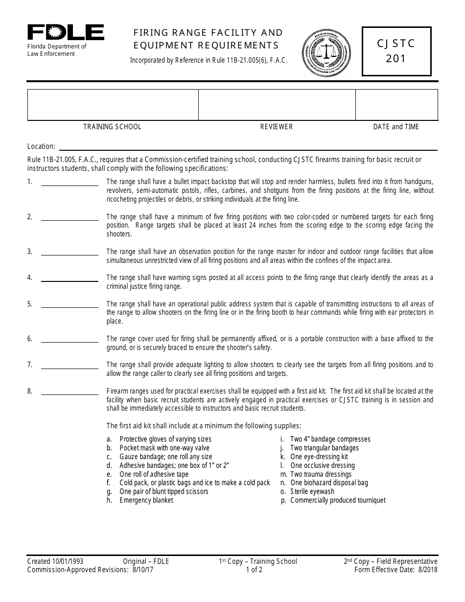 Form CJSTC-201 Firing Range Facility and Equipment Requirements - Florida, Page 1