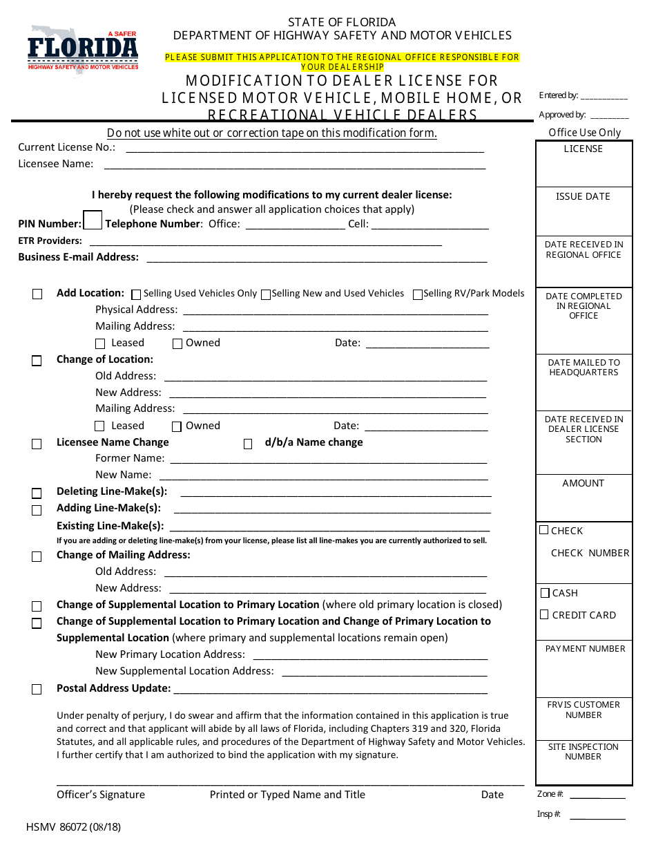 Form HSMV86072 Modification to Dealer License for Licensed Motor Vehicle, Mobile Home, or Recreational Vehicle Dealers - Florida, Page 1