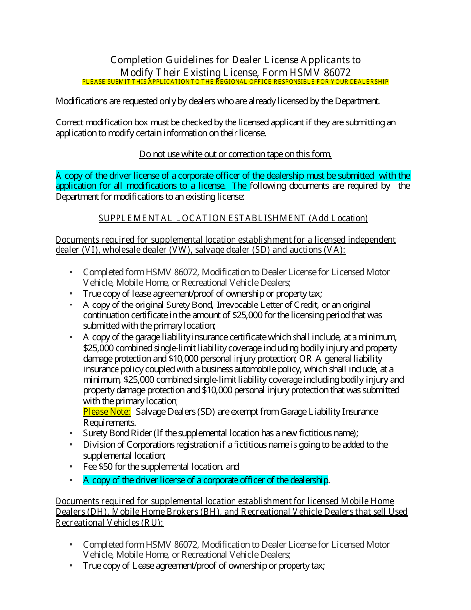 Form HSMV86072 Modification to Dealer License for Licensed Motor Vehicle, Mobile Home, or Recreational Vehicle Dealers - Florida, Page 2