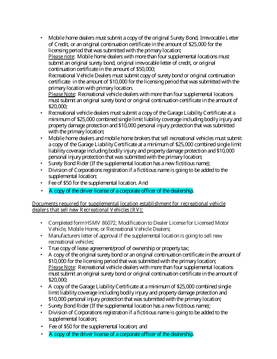 Form HSMV86072 Modification to Dealer License for Licensed Motor Vehicle, Mobile Home, or Recreational Vehicle Dealers - Florida, Page 3