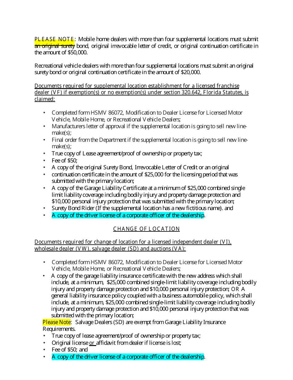 Form HSMV86072 Modification to Dealer License for Licensed Motor Vehicle, Mobile Home, or Recreational Vehicle Dealers - Florida, Page 4