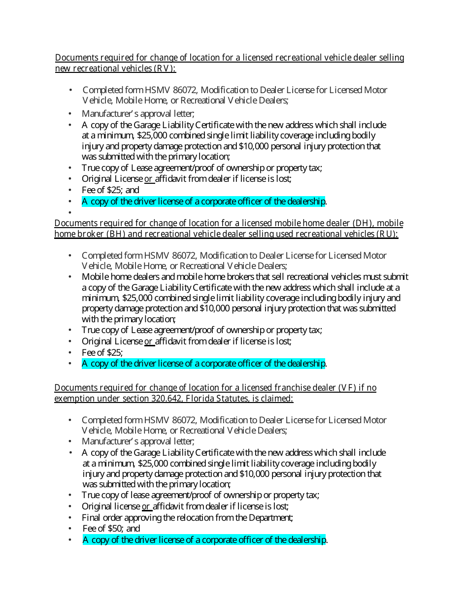 Form HSMV86072 Modification to Dealer License for Licensed Motor Vehicle, Mobile Home, or Recreational Vehicle Dealers - Florida, Page 5