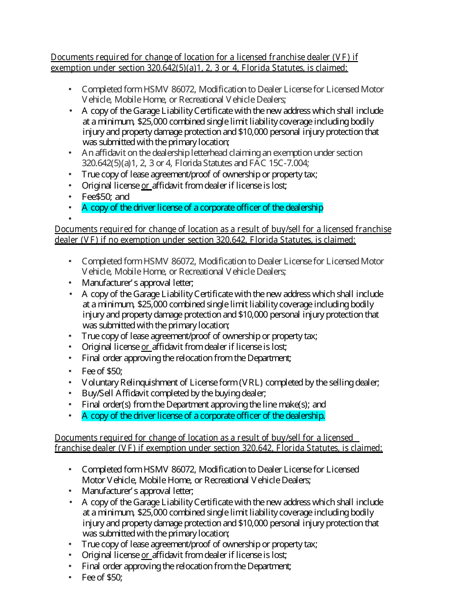 Form HSMV86072 Modification to Dealer License for Licensed Motor Vehicle, Mobile Home, or Recreational Vehicle Dealers - Florida, Page 6