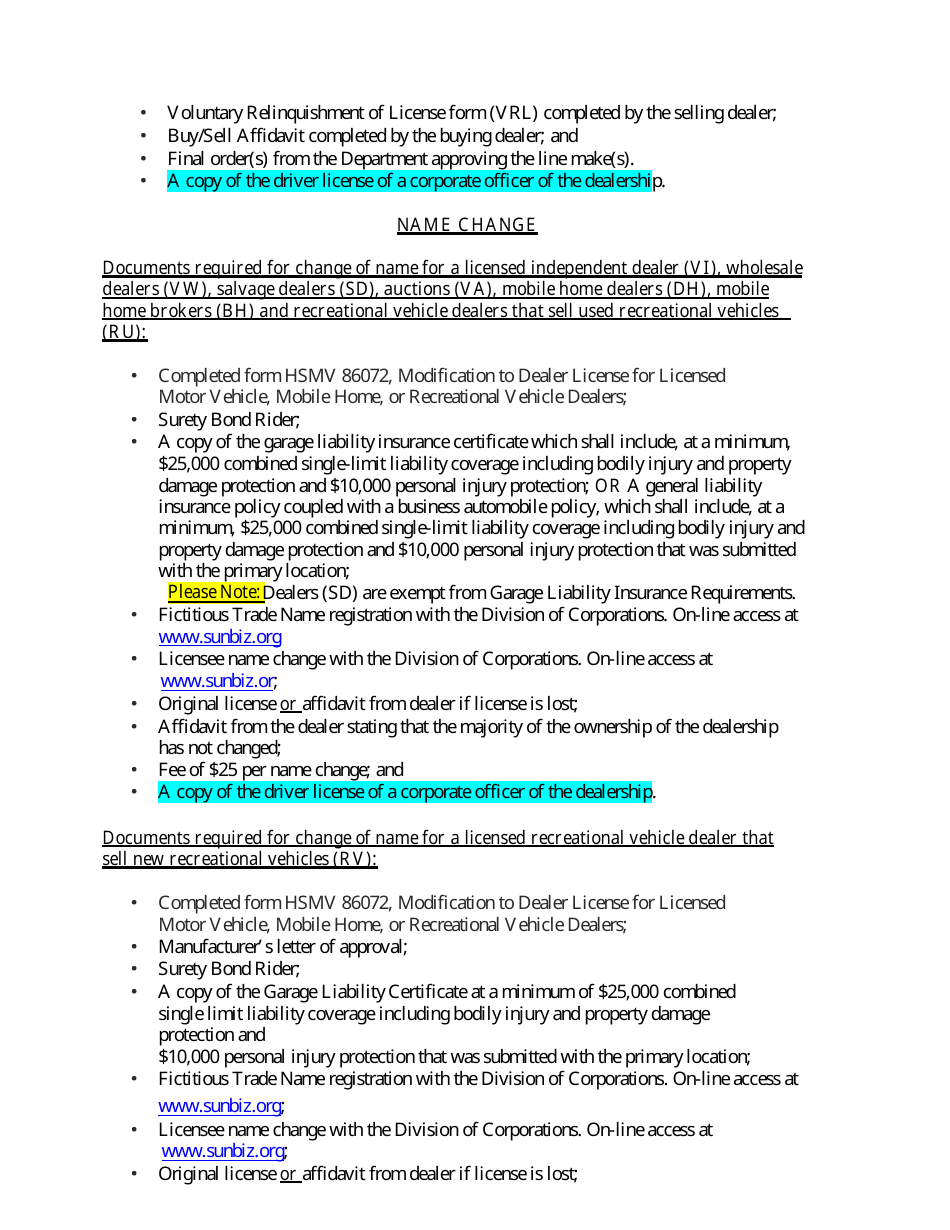 Form HSMV86072 Modification to Dealer License for Licensed Motor Vehicle, Mobile Home, or Recreational Vehicle Dealers - Florida, Page 7