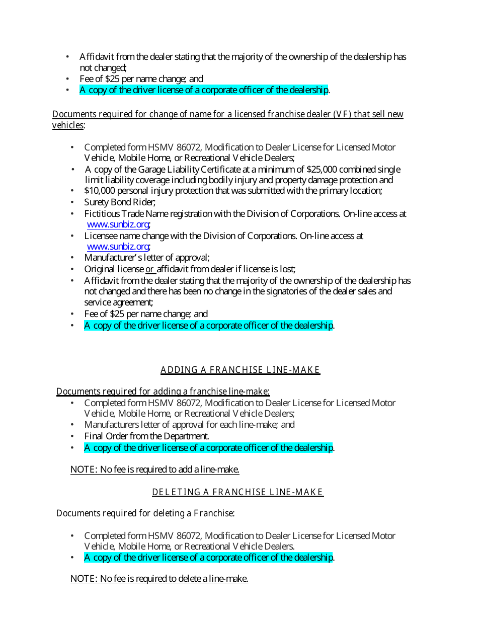 Form HSMV86072 Modification to Dealer License for Licensed Motor Vehicle, Mobile Home, or Recreational Vehicle Dealers - Florida, Page 8