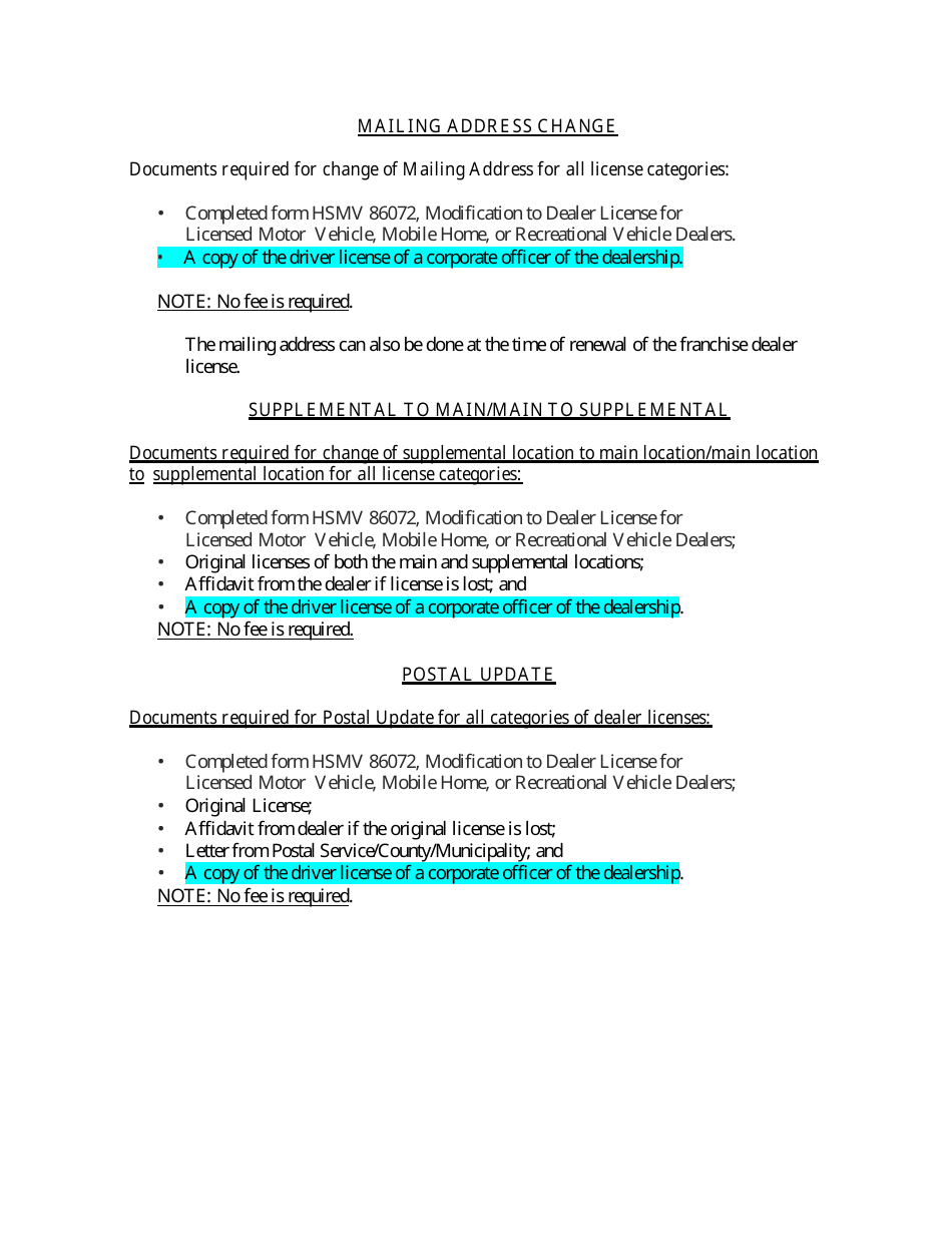 Form HSMV86072 Modification to Dealer License for Licensed Motor Vehicle, Mobile Home, or Recreational Vehicle Dealers - Florida, Page 9