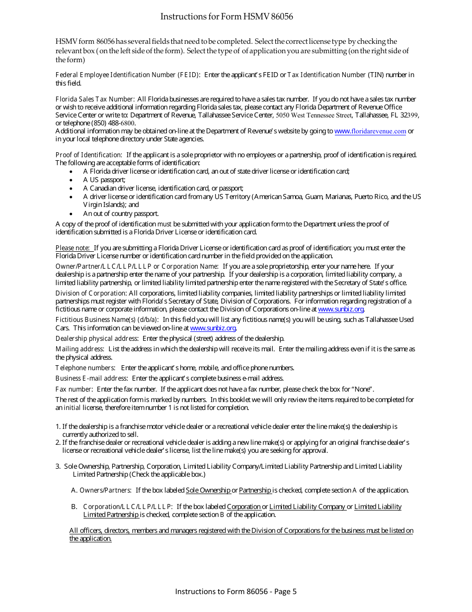 Form HSMV86056 Application for a License as a Motor Vehicle, Mobile Home or Recreational Vehicle Dealer - Florida, Page 11