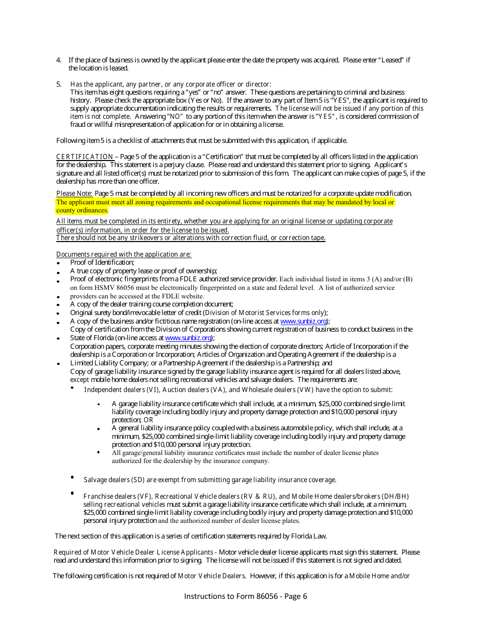Form HSMV86056 Application for a License as a Motor Vehicle, Mobile Home or Recreational Vehicle Dealer - Florida, Page 12