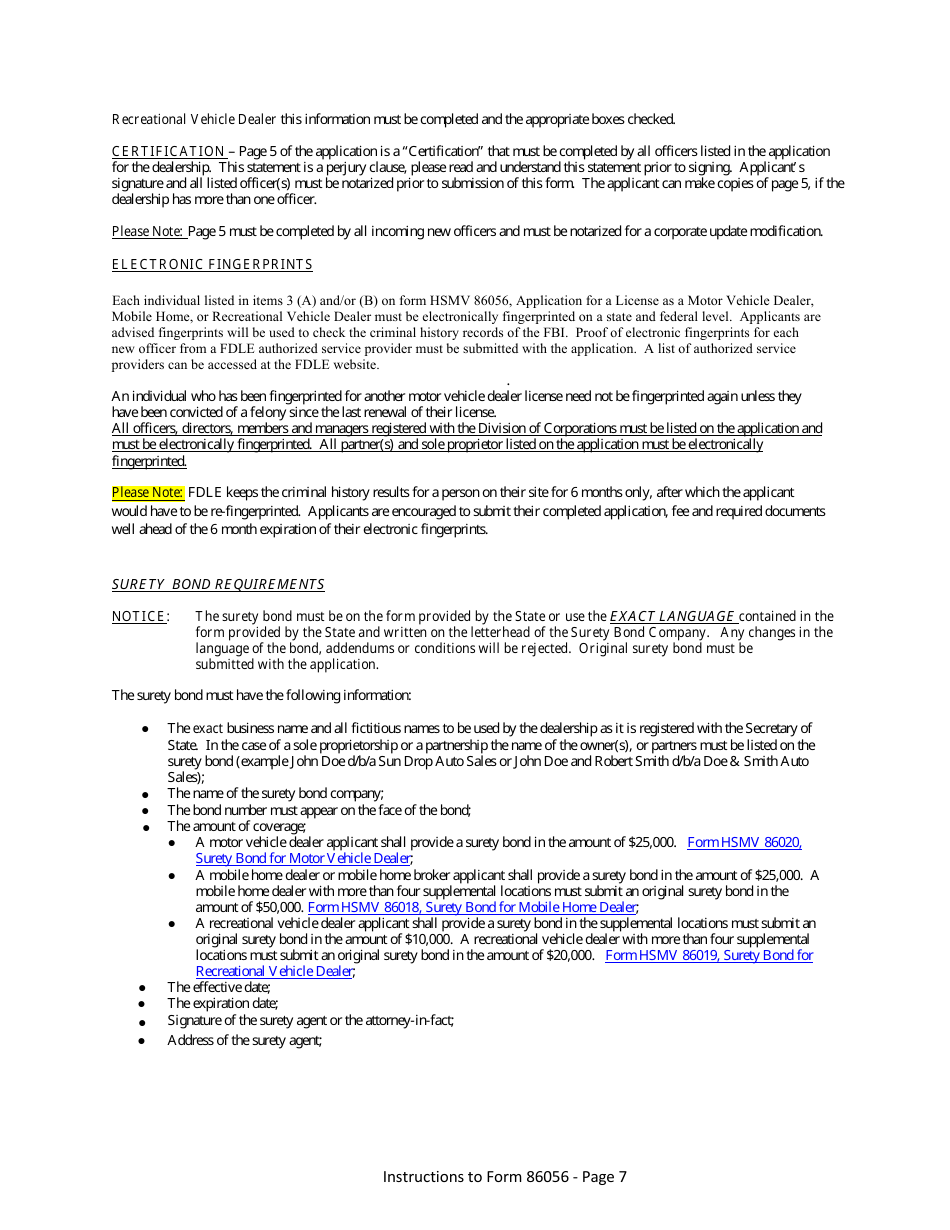 Form HSMV86056 Application for a License as a Motor Vehicle, Mobile Home or Recreational Vehicle Dealer - Florida, Page 13