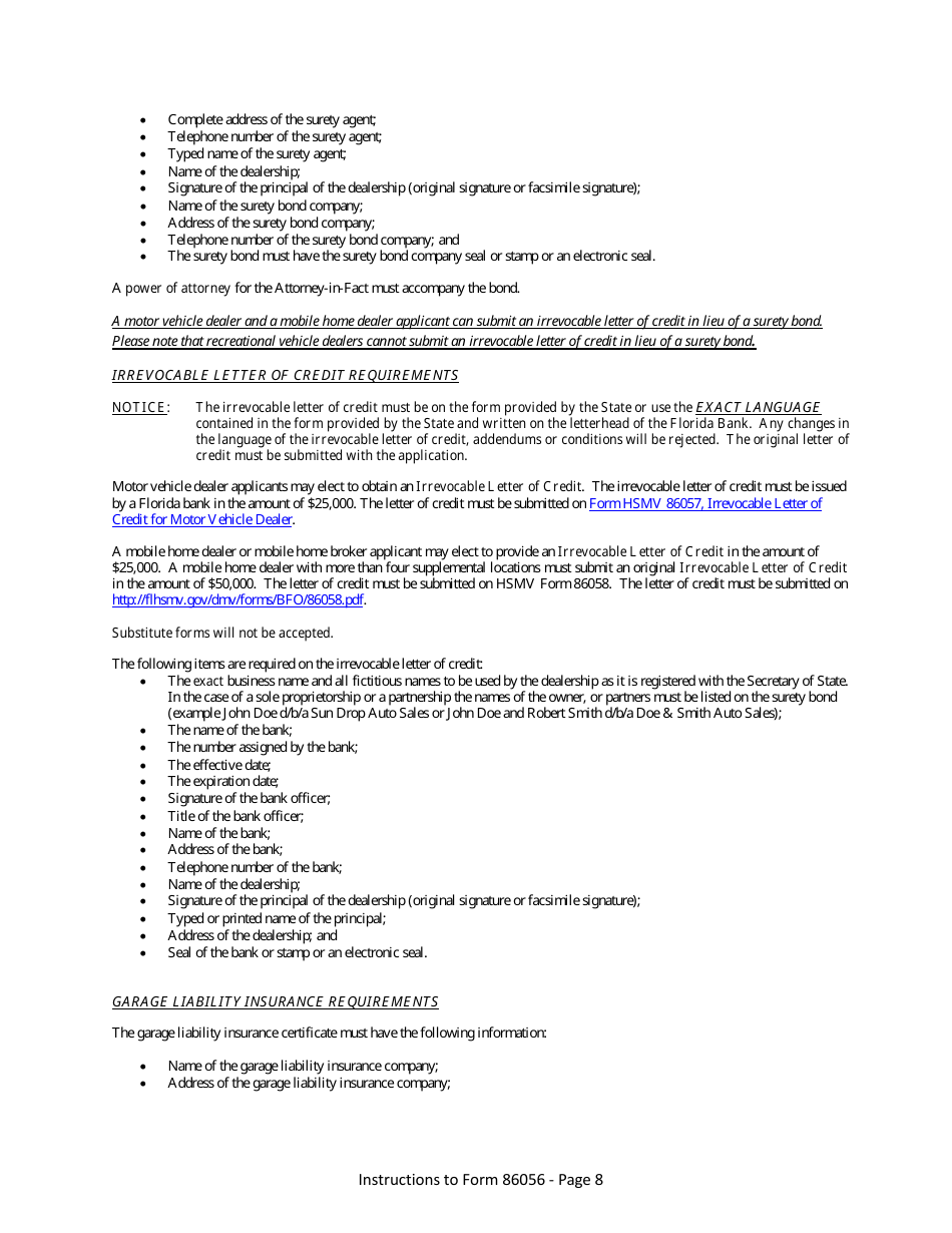 Form HSMV86056 Application for a License as a Motor Vehicle, Mobile Home or Recreational Vehicle Dealer - Florida, Page 14