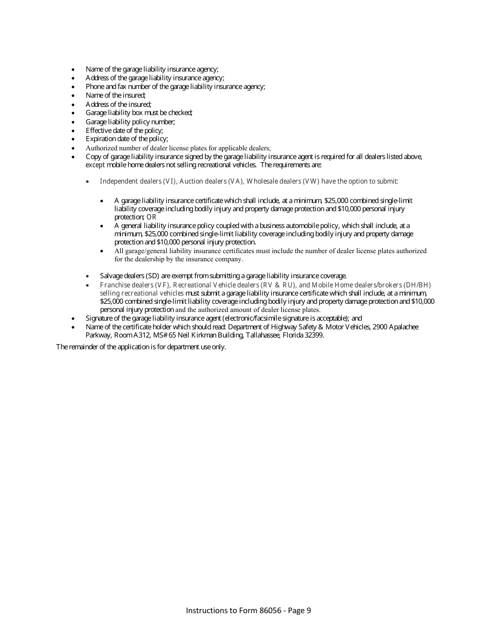 Form HSMV86056 Application for a License as a Motor Vehicle, Mobile Home or Recreational Vehicle Dealer - Florida, Page 15