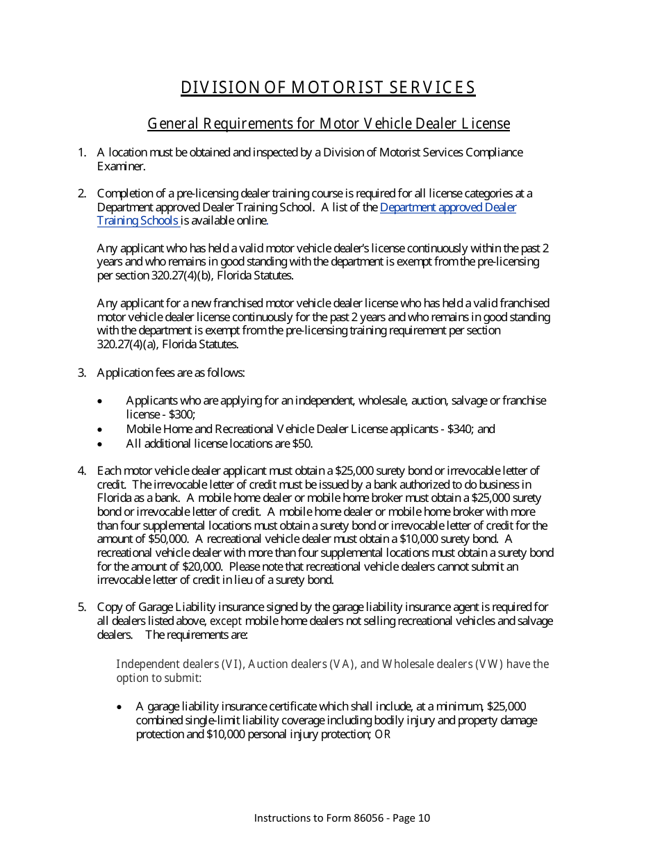 Form HSMV86056 Application for a License as a Motor Vehicle, Mobile Home or Recreational Vehicle Dealer - Florida, Page 16
