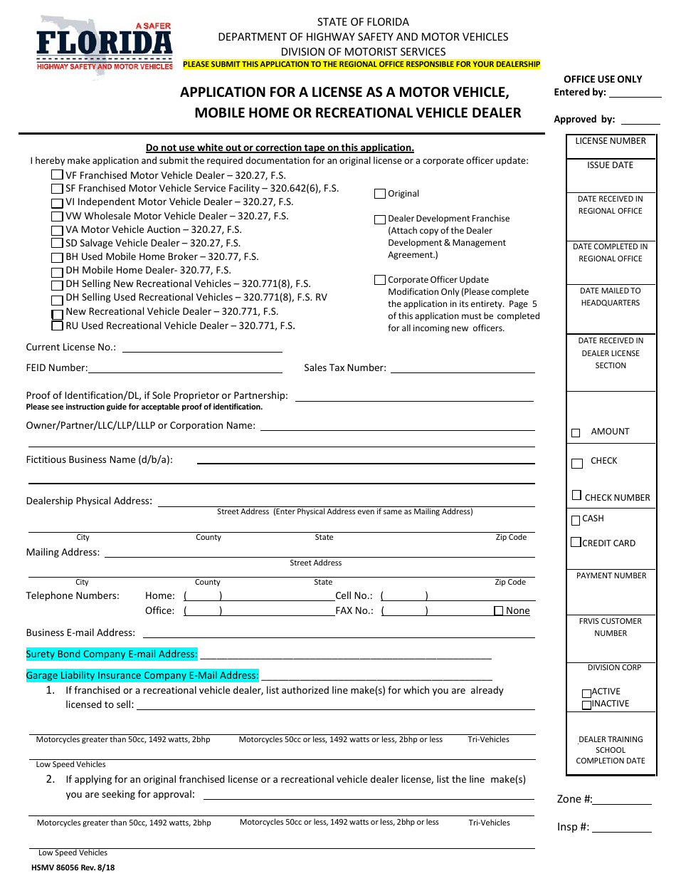 Form HSMV86056 Application for a License as a Motor Vehicle, Mobile Home or Recreational Vehicle Dealer - Florida, Page 1