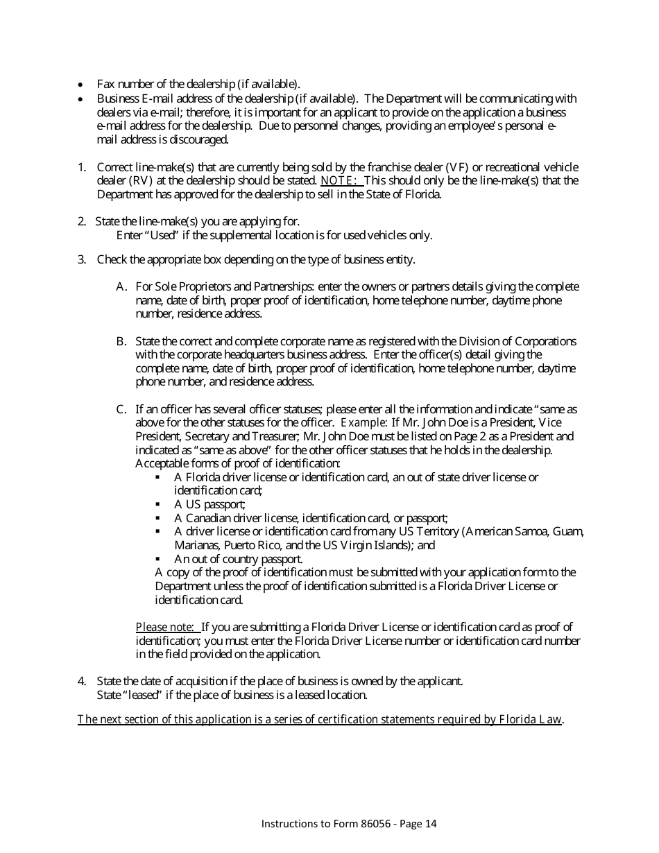 Form HSMV86056 Application for a License as a Motor Vehicle, Mobile Home or Recreational Vehicle Dealer - Florida, Page 20