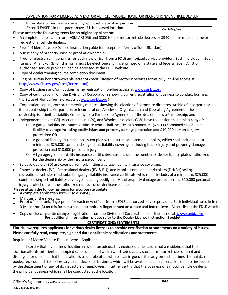 Form HSMV86056 Application for a License as a Motor Vehicle, Mobile Home or Recreational Vehicle Dealer - Florida, Page 3