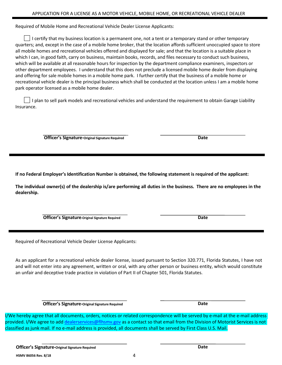 Form HSMV86056 Application for a License as a Motor Vehicle, Mobile Home or Recreational Vehicle Dealer - Florida, Page 4
