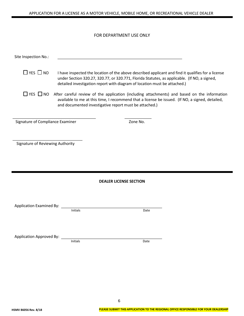 Form HSMV86056 Application for a License as a Motor Vehicle, Mobile Home or Recreational Vehicle Dealer - Florida, Page 6