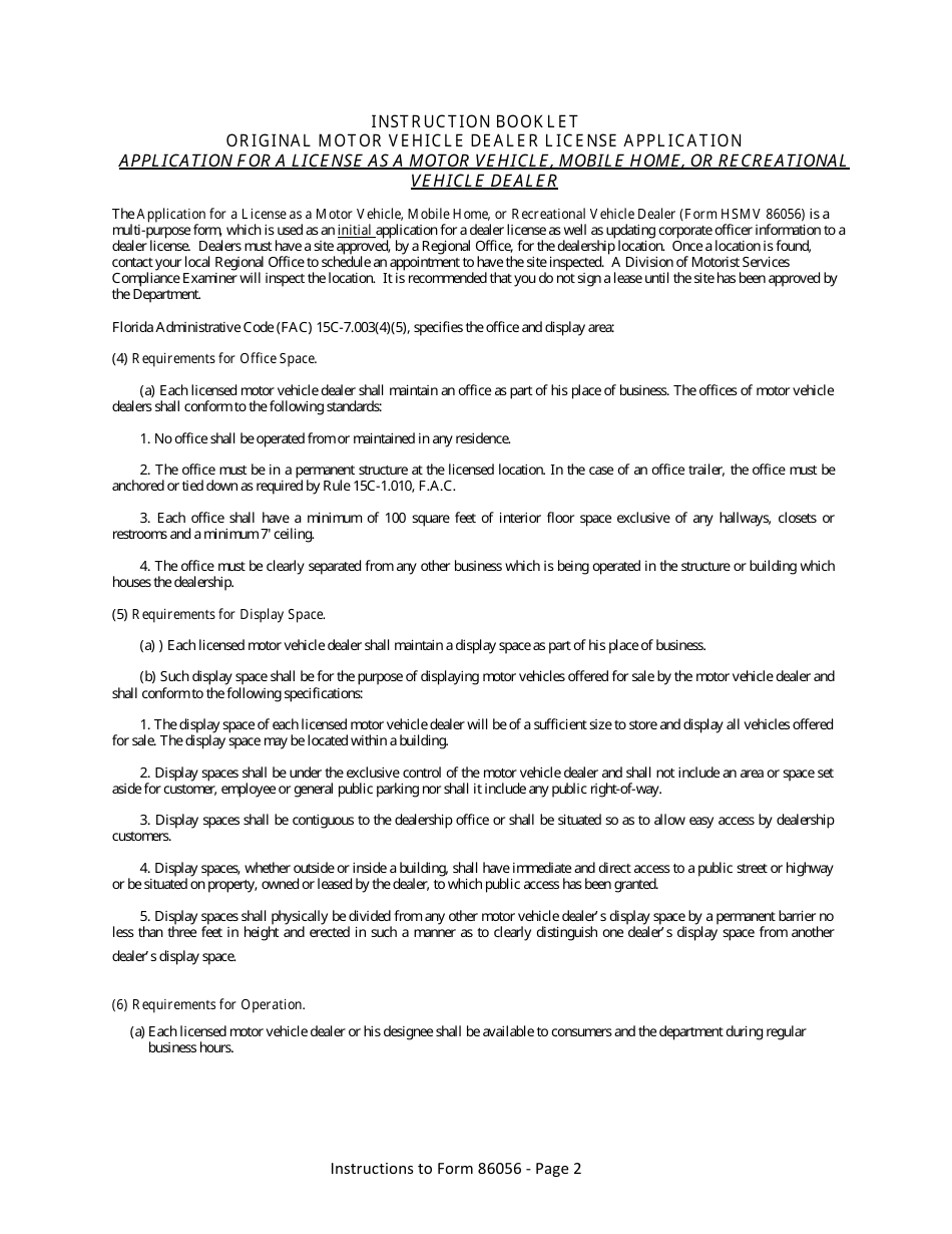 Form HSMV86056 Application for a License as a Motor Vehicle, Mobile Home or Recreational Vehicle Dealer - Florida, Page 8