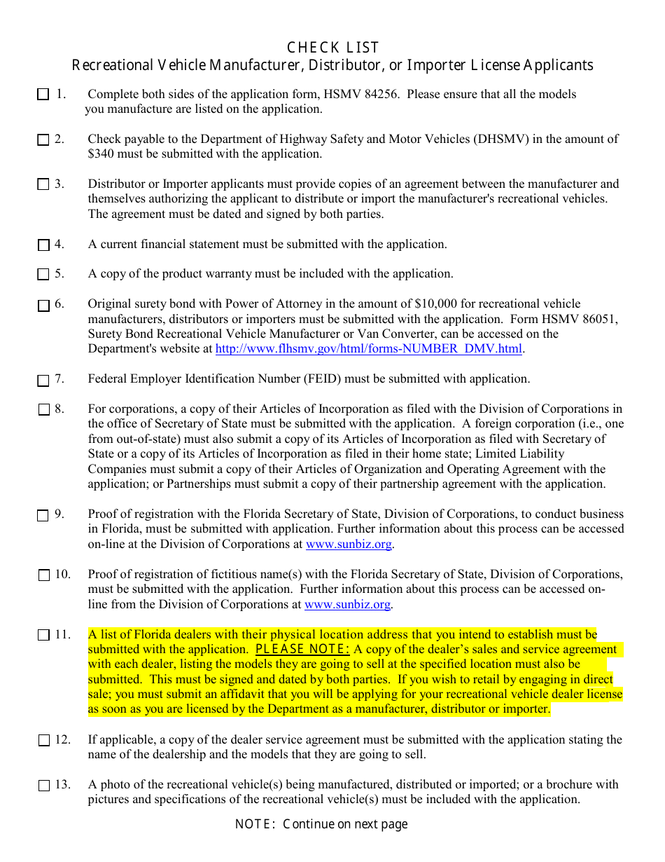 Form HSMV84256 Application for a License as a Motor Vehicle or Recreational Vehicle Manufacturer, Importer, or Distributor or a Mobile Home Manufacturer - Florida, Page 10