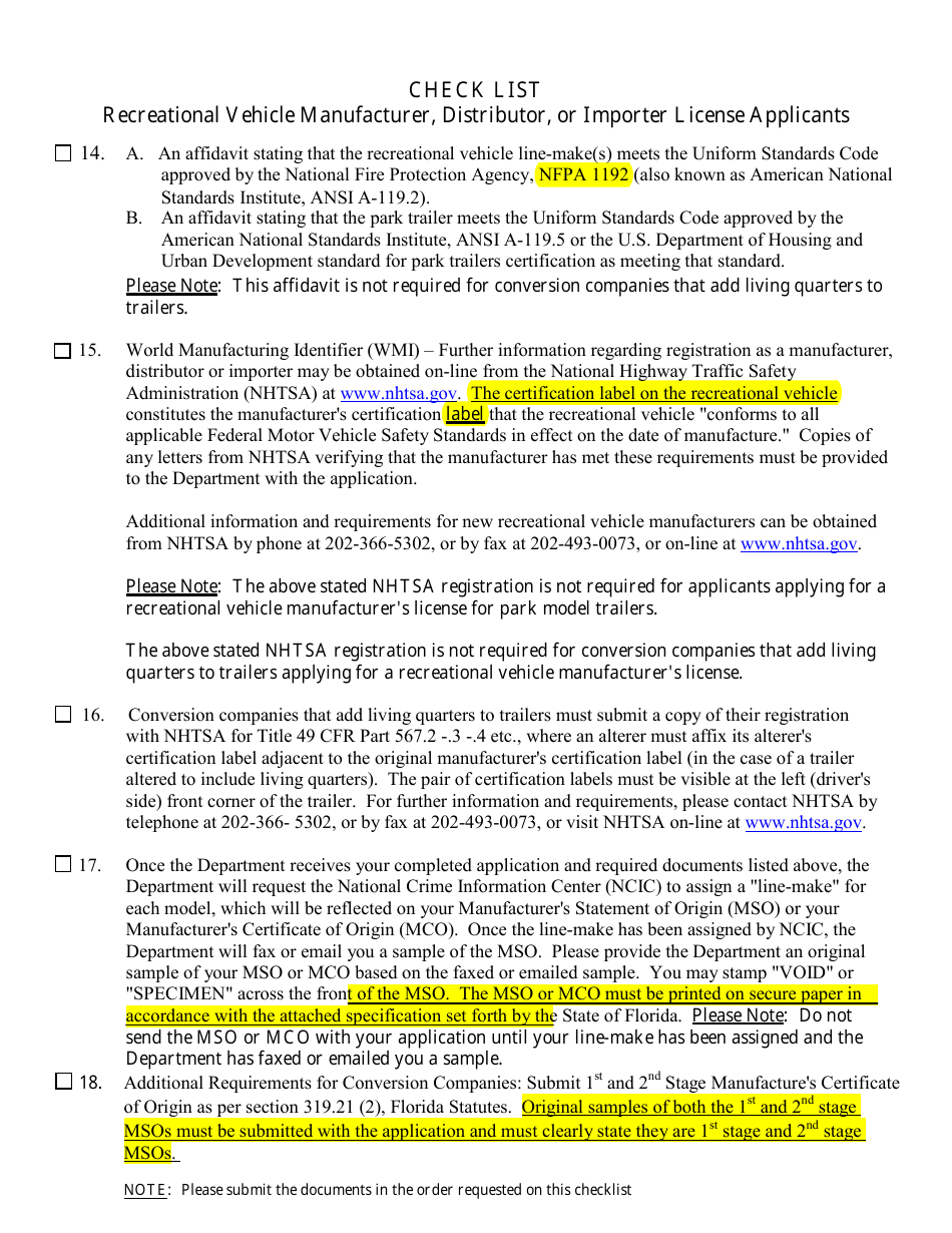 Form HSMV84256 Application for a License as a Motor Vehicle or Recreational Vehicle Manufacturer, Importer, or Distributor or a Mobile Home Manufacturer - Florida, Page 11